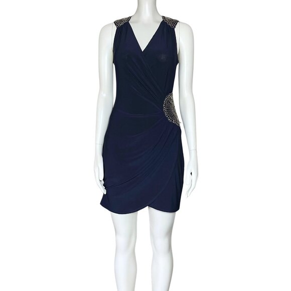 Vintage Dresses & Skirts - Vintage Y2K Navy Blue Beaded Cocktail Hoco Dress. S/M. Silver Boho Glam Party